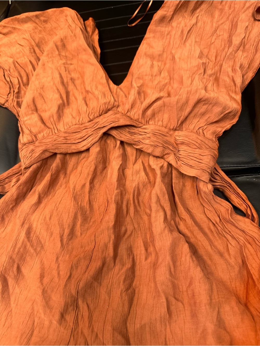 Lush Rust Orange Crinkle V-Neck Jumpsuit